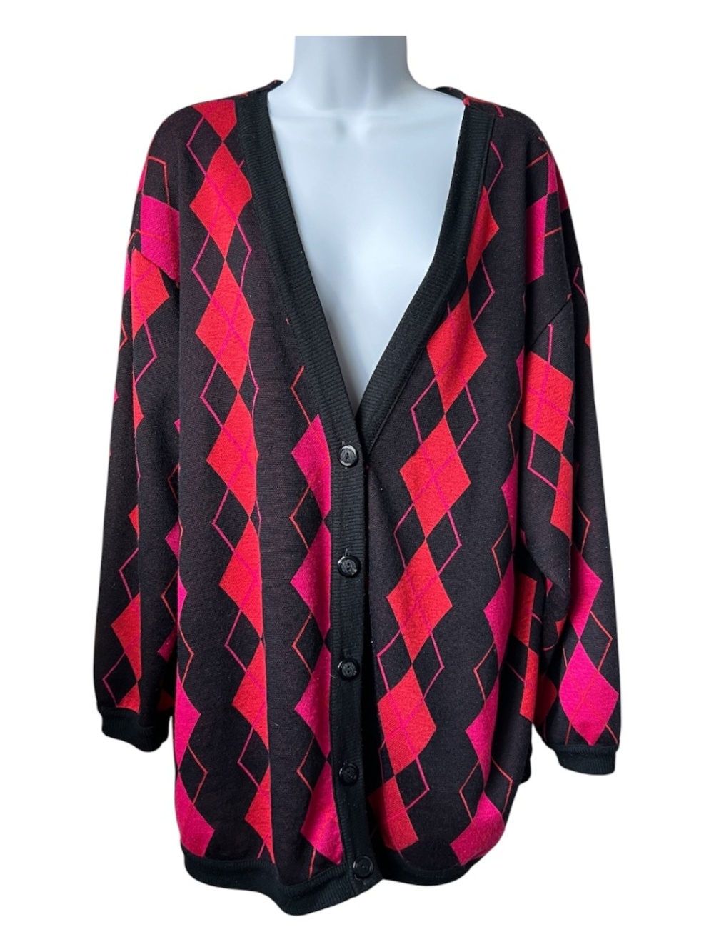 Vintage Argyle Sweater Cardigan Red Pink Black Deep V Long